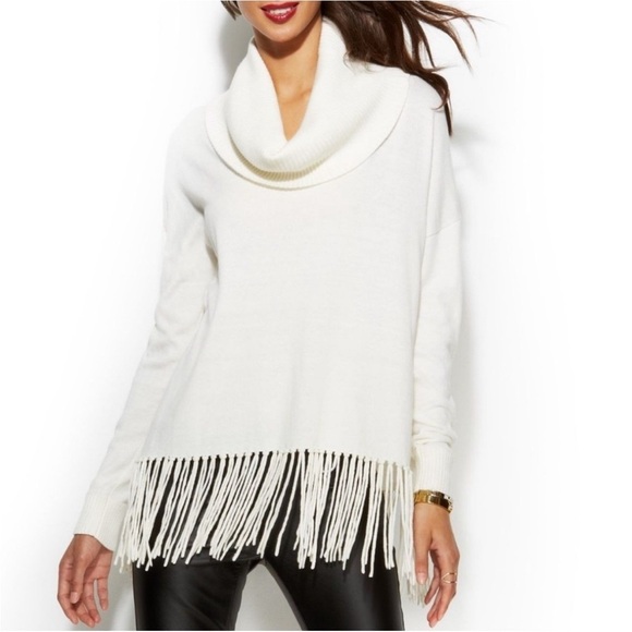 Michael Kors Cream White Cotton Statement Fringe Sweater Shawl Funnel Collar LRG - Picture 15 of 15
